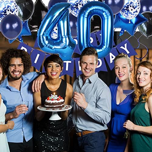 קישוטי יום הולדת 40, קישוטי יום הולדת 40 לגברים, יום הולדת שמח באנר כחול מספר 40 בלון נייר כסף לקישוטי יום הולדת 40